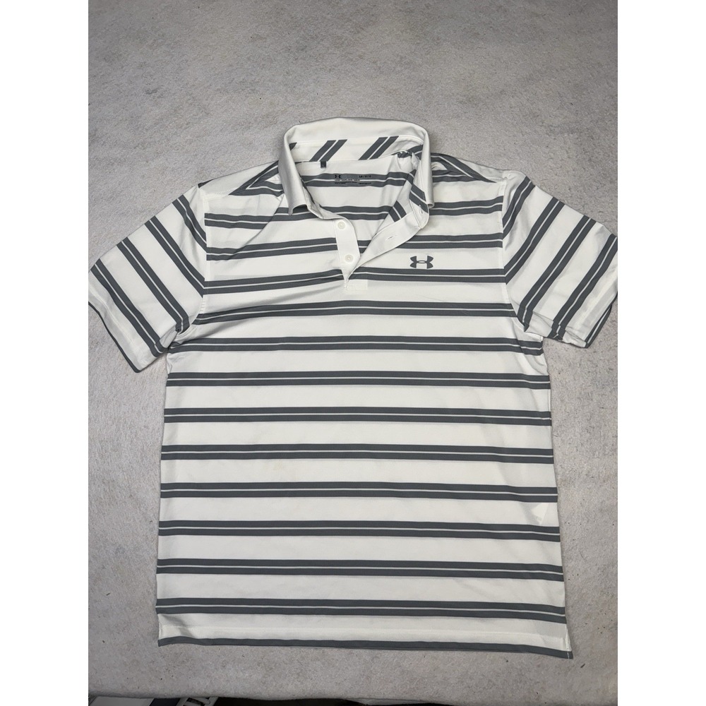 Under Armour Men's Large White Gray Stripedβ Loose Heatgear Golf Polo